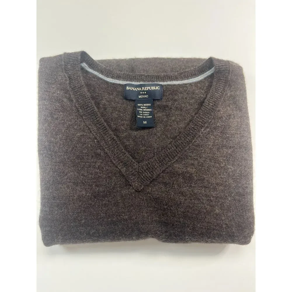 Merino Wool V Neck Sweater Mens Lightweight Brown Casual Medium Banana Republic